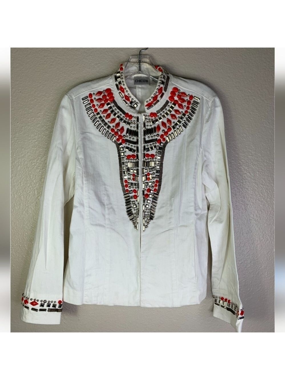 Chico's White Clip Down Jacket with Red and Silver Embellishments. NWT